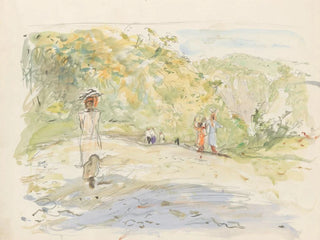 Marius Bauer - Heuvellandschap met figuren bij de oever van een rivier.webp