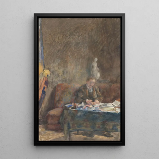 Martinus van Andringa - Interieur met schrijvende man op sofa achter tafel.webp