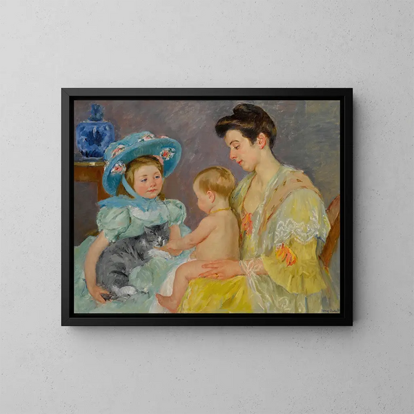 Dzieci bawiących się z kotem - Mary Cassatt — oprawiony obraz na ścianie