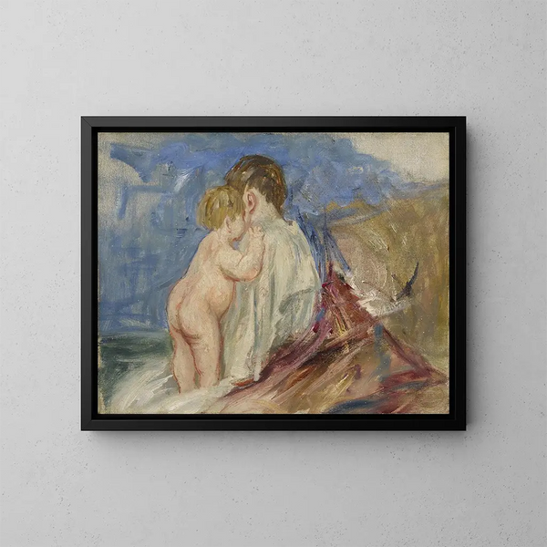 Matka siedząca z dzieckiem stojącym u jej boku na tle krajobrazu - Mary Cassatt — oprawiony obraz na ścianie