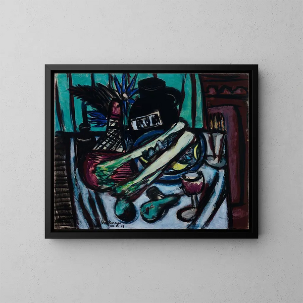 Martwa natura z butelką Chianti i selerem - Max Beckmann — oprawiony obraz na ścianie