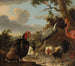 Un grue sarus, un flamant rose, un dindon sauvage en bronze, deux poules de Padoue, un coq de jeu en argent et un huphe dans un paysage - Melchior d'Hondecoeter — widok dzieła