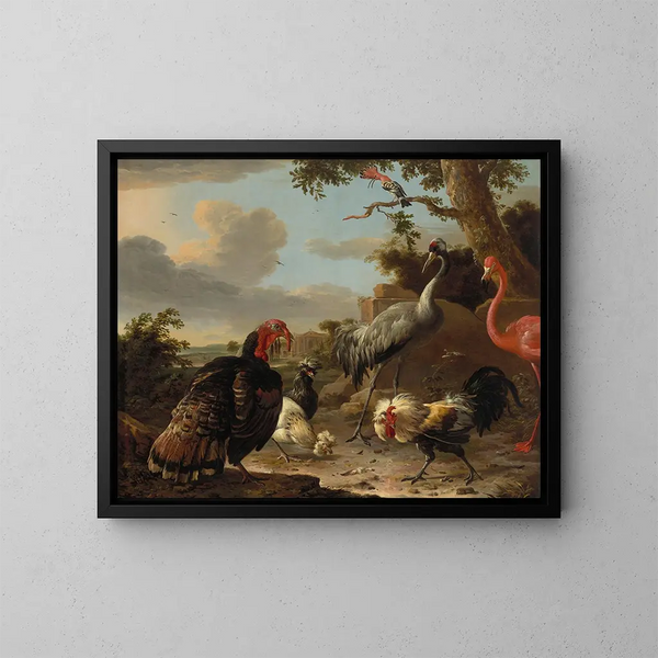 Un grue sarus, un flamant rose, un dindon sauvage en bronze, deux poules de Padoue, un coq de jeu en argent et un huphe dans un paysage - Melchior d'Hondecoeter — oprawiony obraz na ścianie