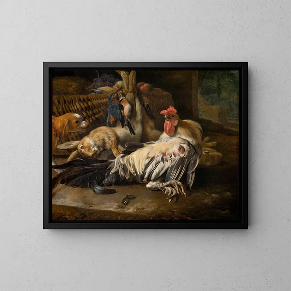 martwa natura z kogutem - Melchior d'Hondecoeter — oprawiony obraz na ścianie