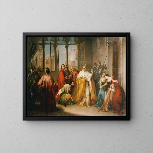 Le Doge Francesco Foscari wysyła swojego syna Giacomo na wygnanie - Michelangelo Grigoletti — oprawiony obraz na ścianie