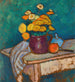 Martwa natura z tkaniną, kwiatami w dzbanku, jabłkiem i naczyniem na stole - Alexej von Jawlensky