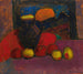 Martwa natura z tkaniną, kwiatami w dzbanku, jabłkiem i naczyniem na stole - Alexej von Jawlensky
