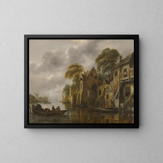 Nicolaes Molenaer - A River Landscape With Fishermen Loading Their Nets Beside A Town.webp