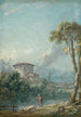 pejzaż z rybakiem nad brzegiem jeziora, w tle duży gołębnik - Nicolas Jacques Julliard — widok dzieła