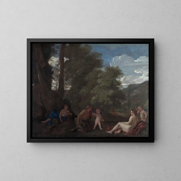 Nimfa i satyr, miłość pokonuje wszystko - Nicolas Poussin — oprawiony obraz na ścianie
