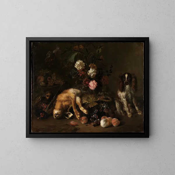 Martwa natura z dziczyzną, kwiatami, owocami i spaniel - Nicolas de Largillière — oprawiony obraz na ścianie