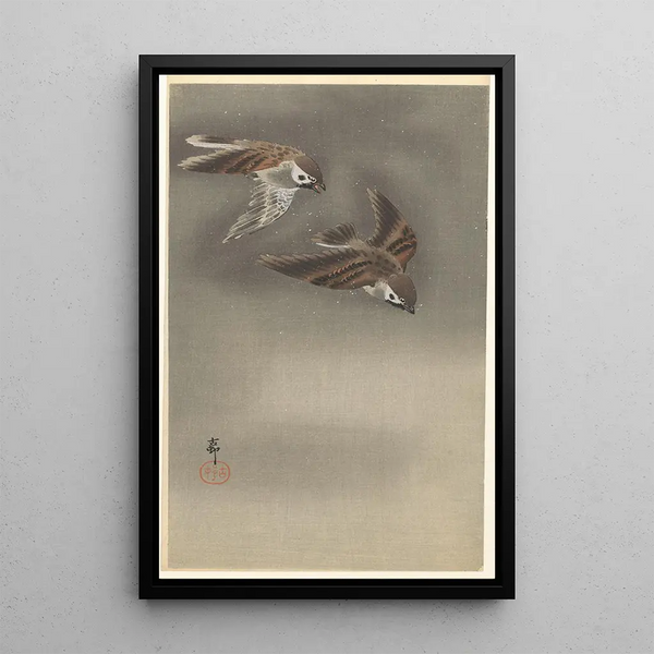 Moineaux à collier dans la neige - Ohara Koson — oprawiony obraz na ścianie