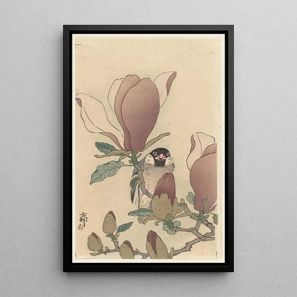 Moineau sur une branche de magnolia en fleur - Ohara Koson — oprawiony obraz na ścianie