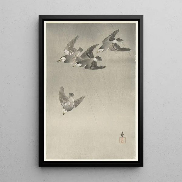 Szczygły w deszczu - Ohara Koson — oprawiony obraz na ścianie