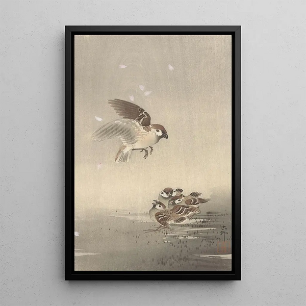 Moineau friquet avec jeune - Ohara Koson — oprawiony obraz na ścianie