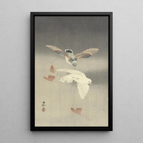 dwóch gołębi z opadającymi liśćmi ginkgo - Ohara Koson — oprawiony obraz na ścianie