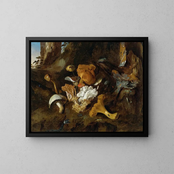 Martwa natura z lasu z grzybami, motylami i wężem - Otto Marseus van Schrieck — oprawiony obraz na ścianie
