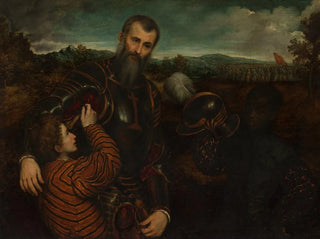 Paris Bordone - Portrait of a Man in Armor with Two Pages.webp