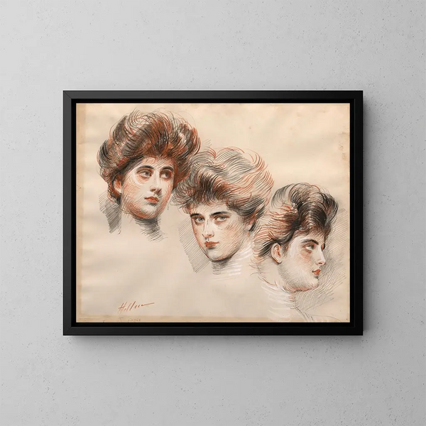 Portret Yvonne Avolle z przodu, z profilu prawego i z profilu lewego - Paul César Helleu — oprawiony obraz na ścianie