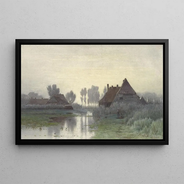 Paul Joseph Constantin Gabril - Boerenwoningen aan het water bij ochtendnevel.webp