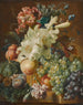 Martwa natura z liliami, makami, śliwkami, melonami i winogronami na parapecie z owadami - Paul Theodor van Brussel — widok dzieła