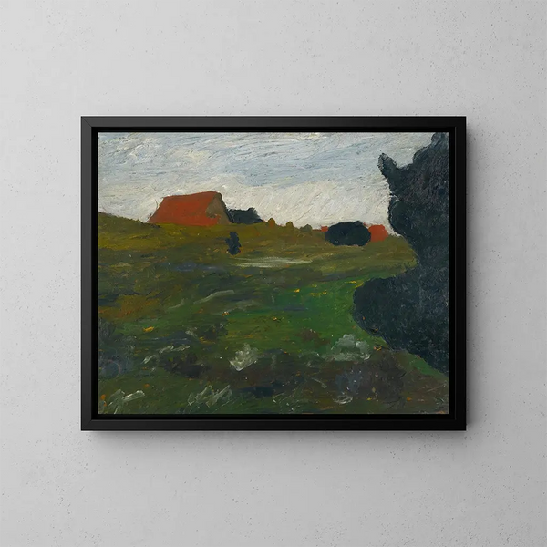 pejzaż z krzewem i czerwonymi domami - Paula Modersohn-Becker — oprawiony obraz na ścianie