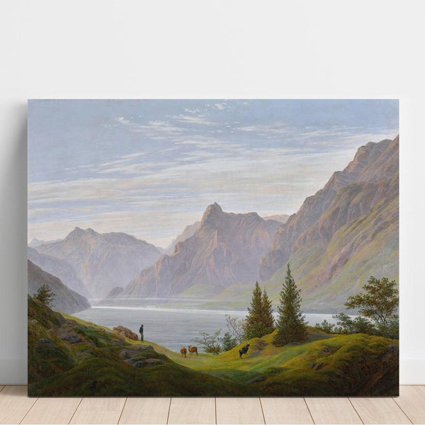 Reprodukcja obrazu pejzaż z górskim jeziorem, poranek - Caspar David Friedrich