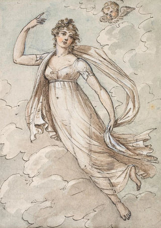 Peltro William Tomkins - Woman floating in the sky observed by a cherub.webp