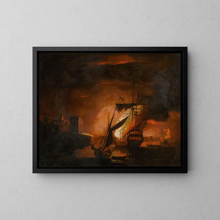 Peter Monamy - A ship on fire at night.webp