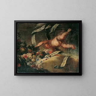 Peter Strudel - Putto mit Blumen Frchten und Spruchband.webp