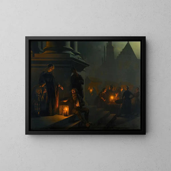 Charité na nocnym targu - Petrus van Schendel — oprawiony obraz na ścianie