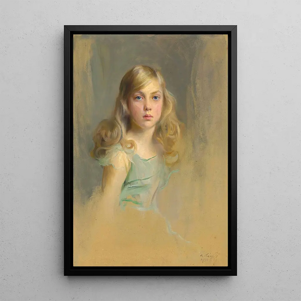 Portret szanownej Esme Mary Gabrielle Harmsworth przyszłej hrabiny Cromer w wieku dziewięciu lat - Philip Alexius de László — oprawiony obraz na ścianie