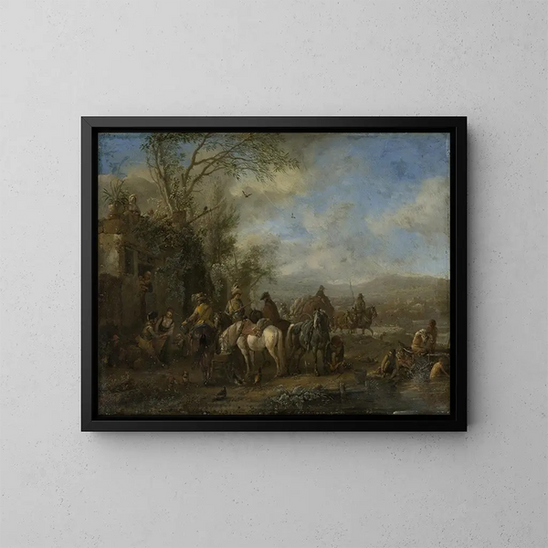 Jeźdźcy uzbrojeni przed zajazdem - Philips Wouwerman — oprawiony obraz na ścianie