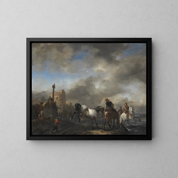 Staw z końmi przy kamieniu granicznym - Philips Wouwerman — oprawiony obraz na ścianie
