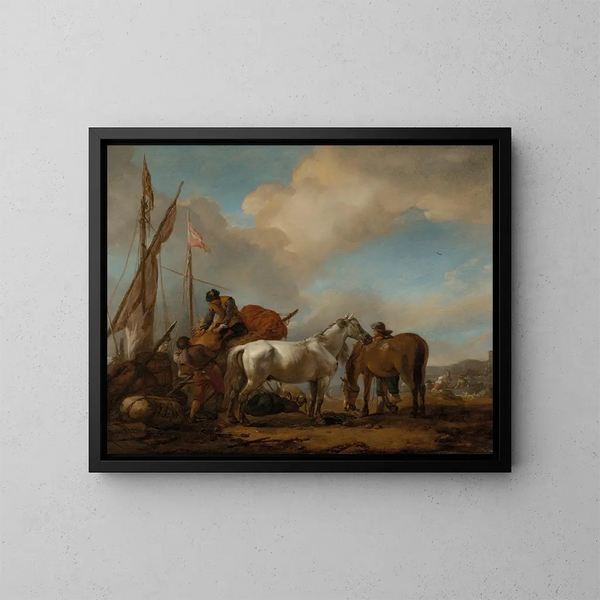 koni na pejzażu z postaciami załadowującymi bele na łódź - Philips Wouwerman — oprawiony obraz na ścianie