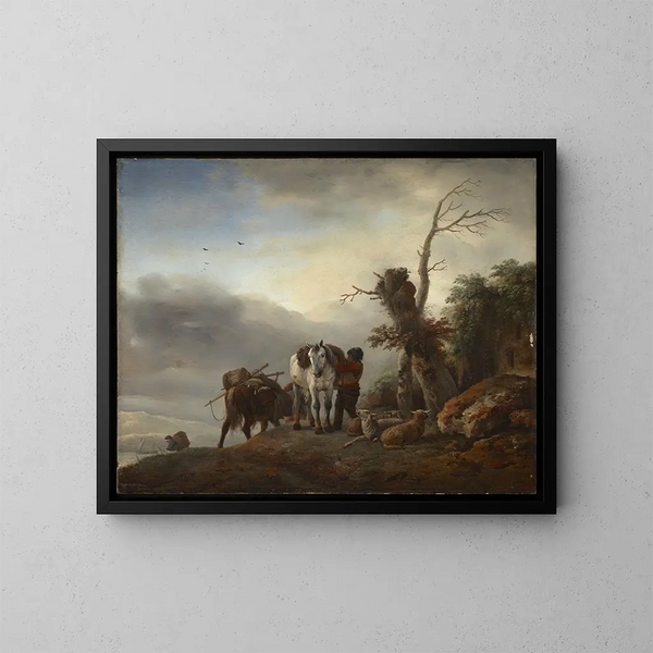 pejzaż z mułami pociągowymi - Philips Wouwerman — oprawiony obraz na ścianie