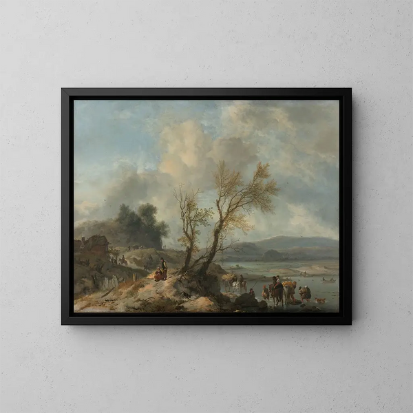 pejzaż z piaszczystą ścieżką nad brzegiem rzeki - Philips Wouwerman — oprawiony obraz na ścianie