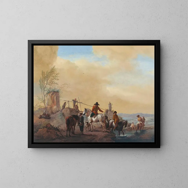 Kawalerzy i koni odpoczywających przy rzece - Philips Wouwerman — oprawiony obraz na ścianie