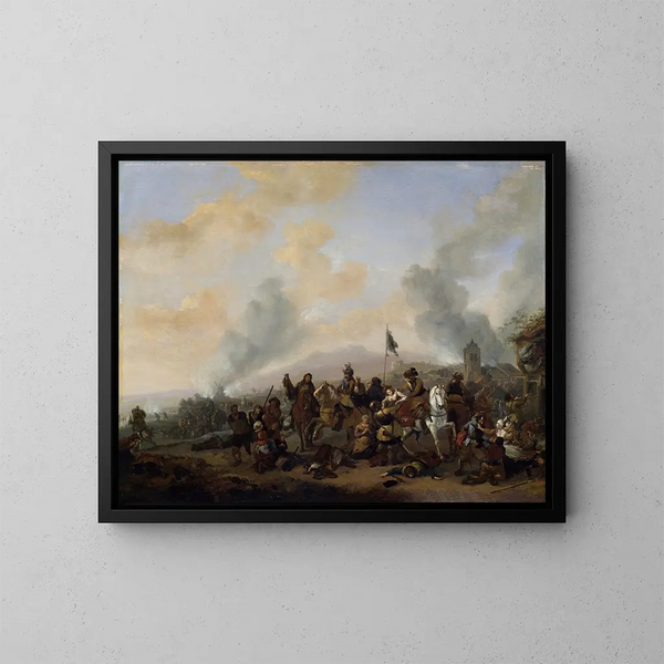 Żołnierze plądrujący wioskę - Philips Wouwerman — oprawiony obraz na ścianie