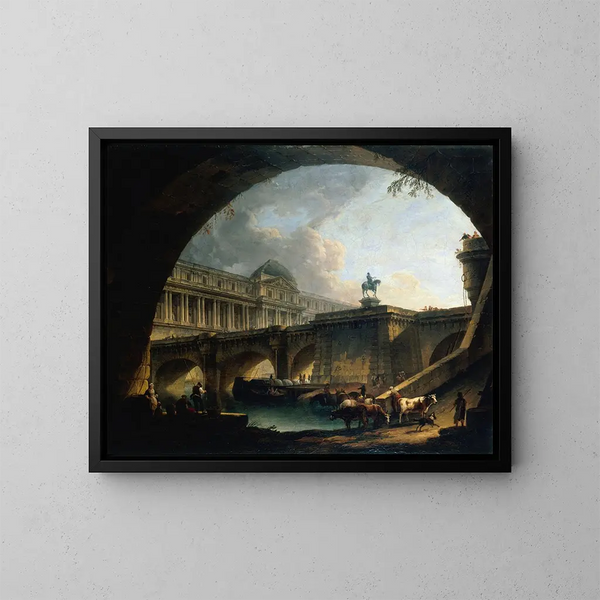 Caprice architektoniczny pałacu inspirowanego Luwrem i Pont Neuf, wpisującego się w łuk mostu - Pierre-Antoine Demachy — oprawiony obraz na ścianie