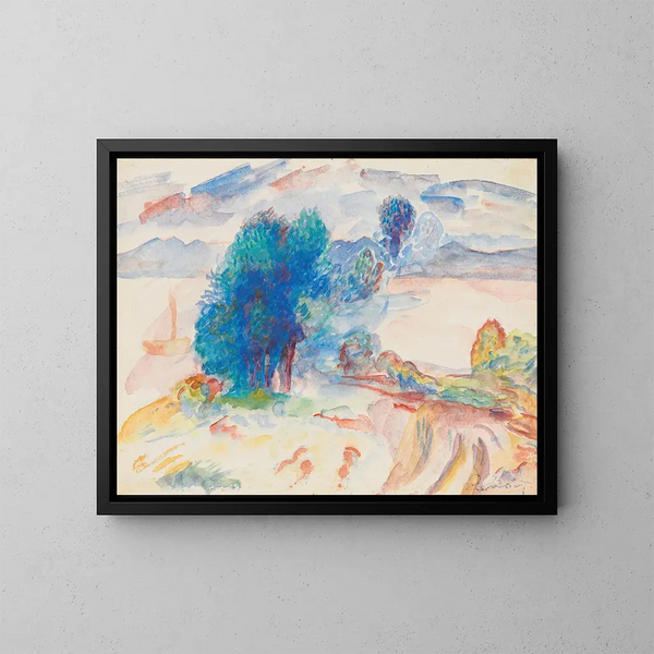 Drzew na brzegu wody i żaglowiec - Pierre-Auguste Renoir — oprawiony obraz na ścianie