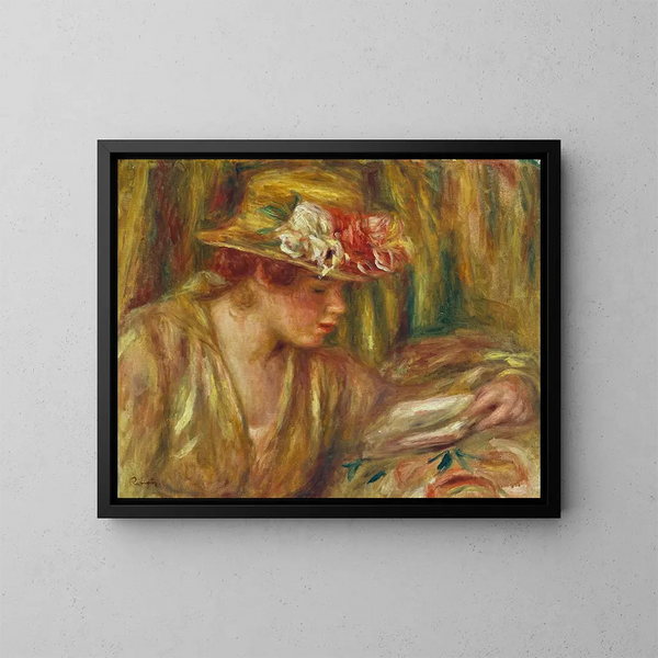 Buste kobiety w kapeluszu czytającej z głową zwróconą w prawo - Pierre-Auguste Renoir — oprawiony obraz na ścianie