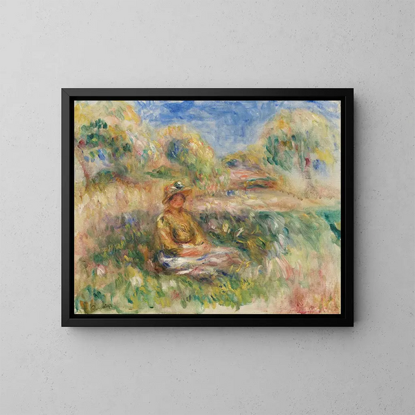 Kobieta siedząca na krajobrazie - Pierre-Auguste Renoir — oprawiony obraz na ścianie