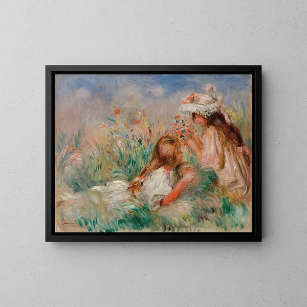 Dziewczyny na łące układające bukiet - Pierre-Auguste Renoir — oprawiony obraz na ścianie