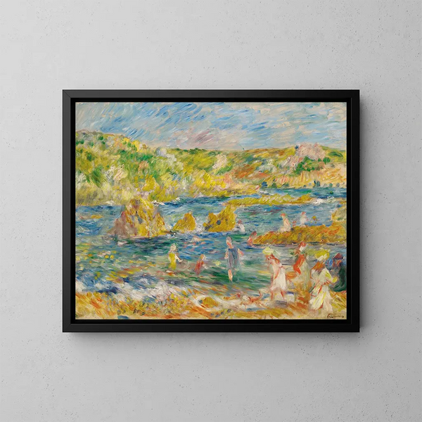 Skały z Guernsey z postaciami na plaży w Guernsey - Pierre-Auguste Renoir — oprawiony obraz na ścianie