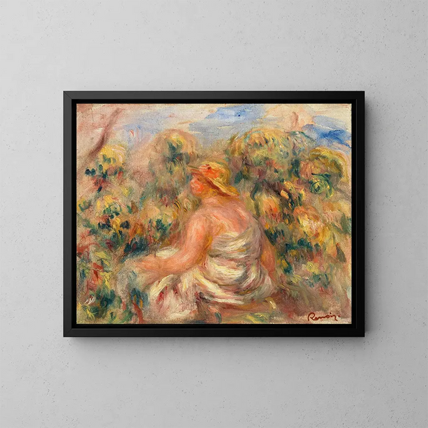 Kobieta w kapeluszu na tle krajobrazu - Pierre-Auguste Renoir — oprawiony obraz na ścianie