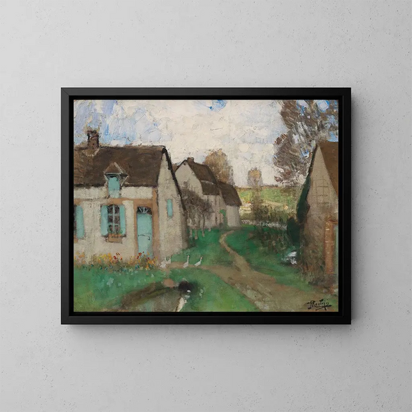 Chaumières aux fenêtres et volets turquoise - Pierre-Eugène Montzin — oprawiony obraz na ścianie