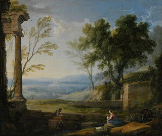 Pierre Patel the elder - Classical landscape with ancient ruins figures in the foreground.webp