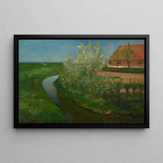 Piet Mondrian - Gebogen irrigatiegracht grenzend aan boerenerf met Bloeiende bomen Curved Irrigation Ditch Bordering Farmyard with Flowering Trees.webp