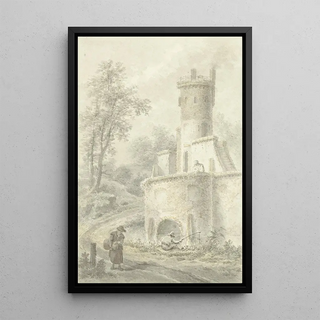 Pieter Bartholomeusz Barbiers - Landschap met hengelaar en wandelende vrouw bij een vestingtoren.webp